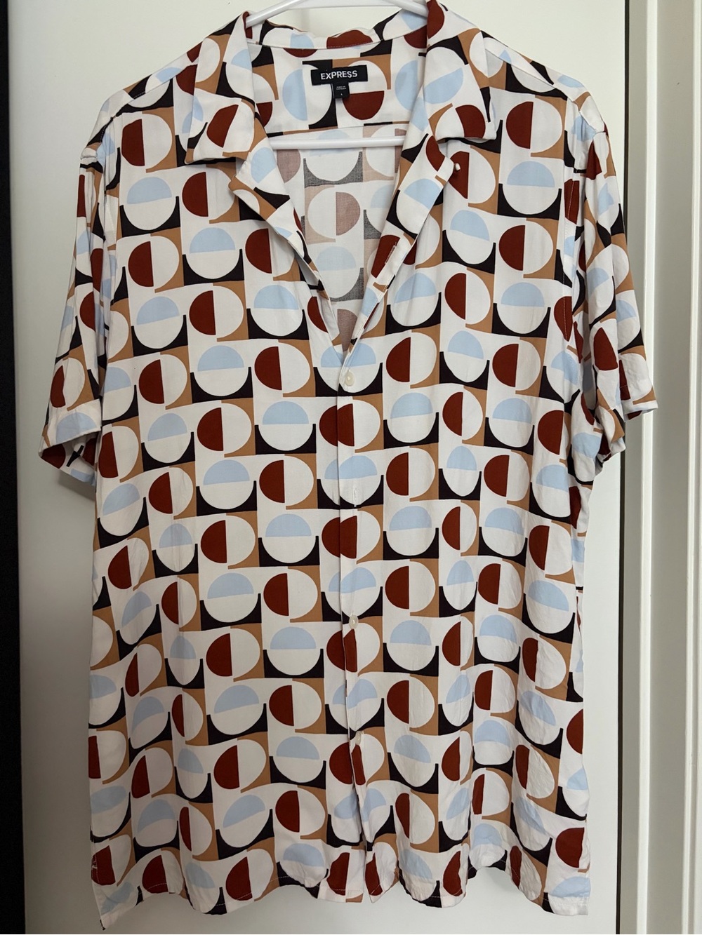 Express Mens L Rayon Short Sleeve Shirt Geometric Abstract Camp Collar Retro